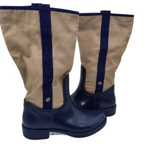 Posh Wellies Navy Blue Rubber & Tan Canvas Waterproof Wellington Boots 39 - 8